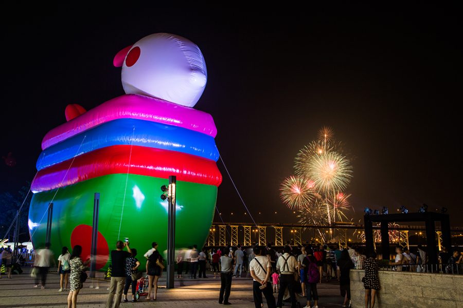 Giant inflatable lantern rabbit displayed in Macau