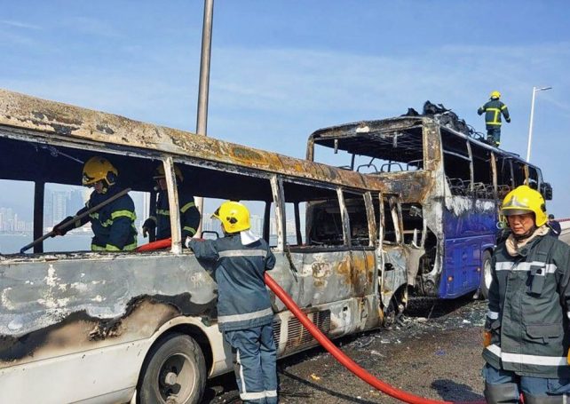 Minibus rams casino shuttle bus on Friendship Bridge, both gutted in blaze