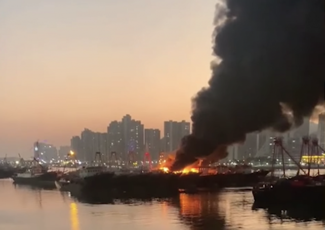 Three fishing boats engulfed in harbour blaze