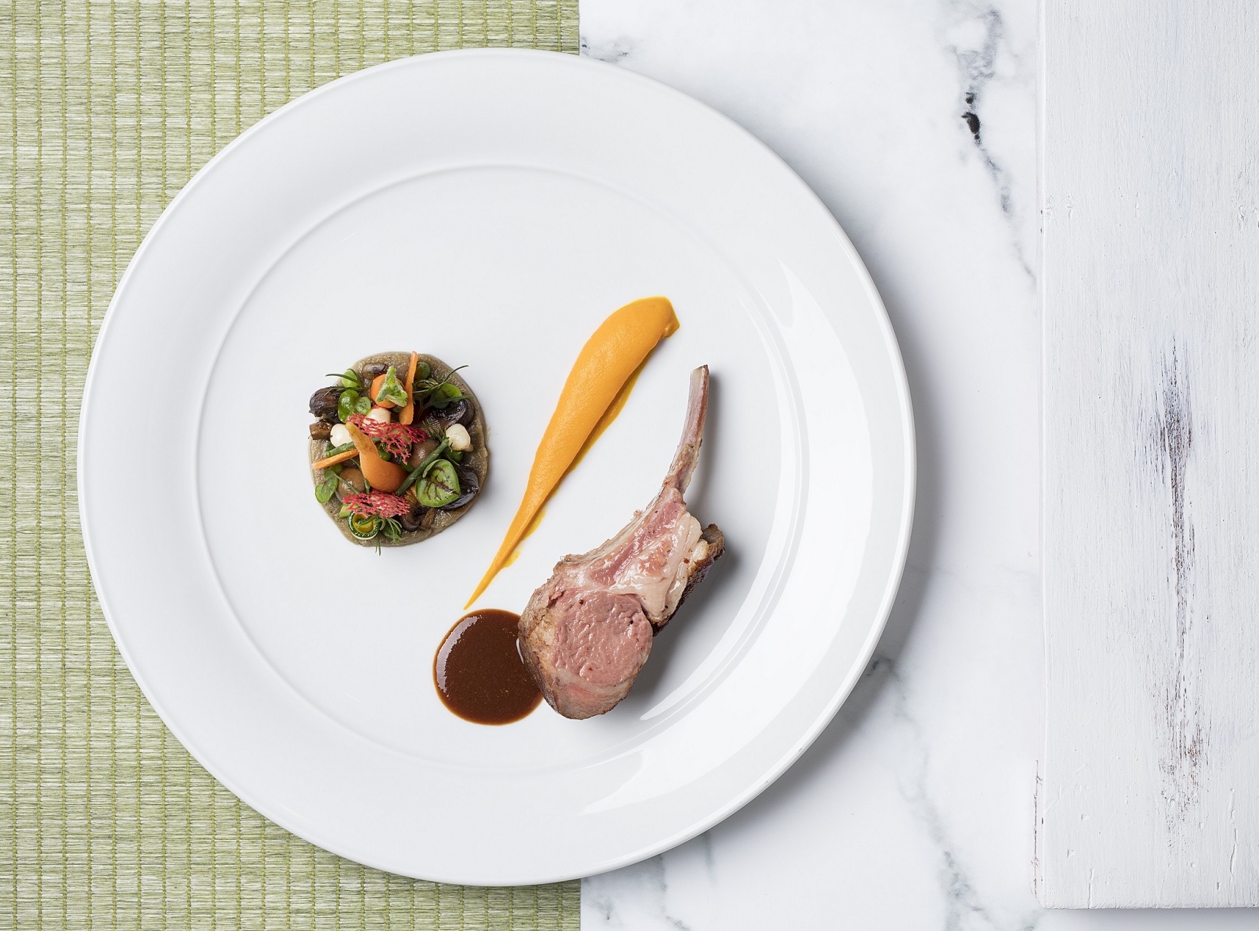 Aveyron lamb rack, ginger carrot, mushrooms and smoked eggplant caviar