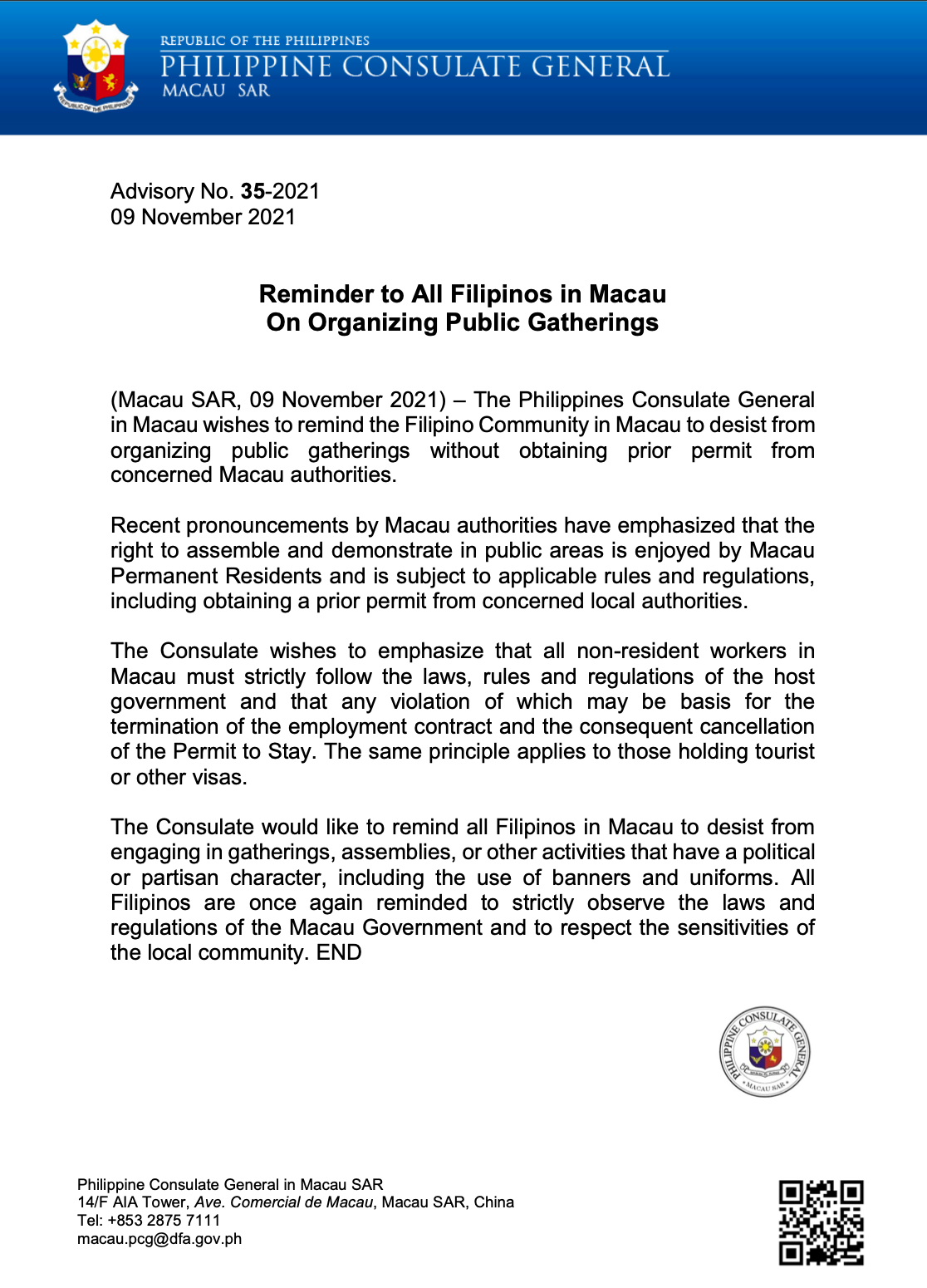 Philippine Consulate General in Macao Advisory No 35-2021
