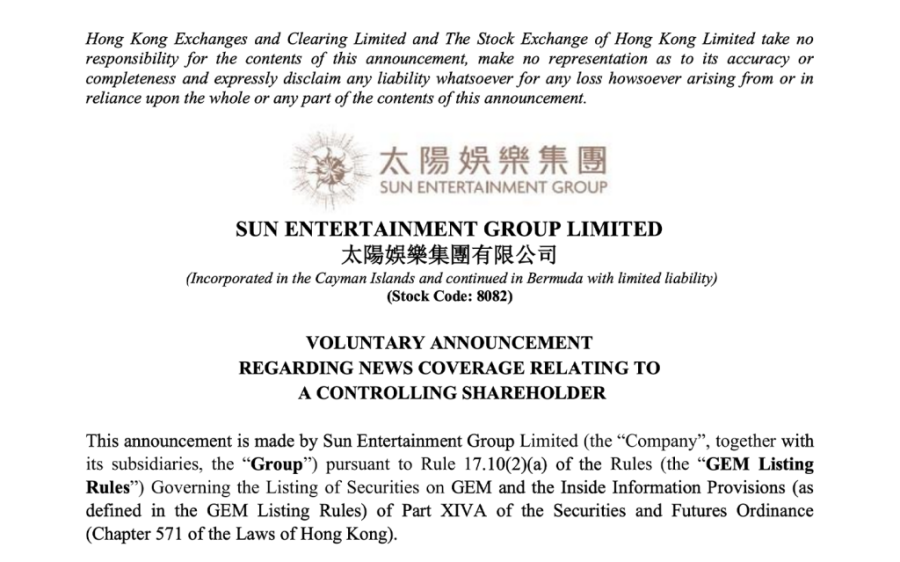 Sun Entertainment Group issues statement on Alvin Chau