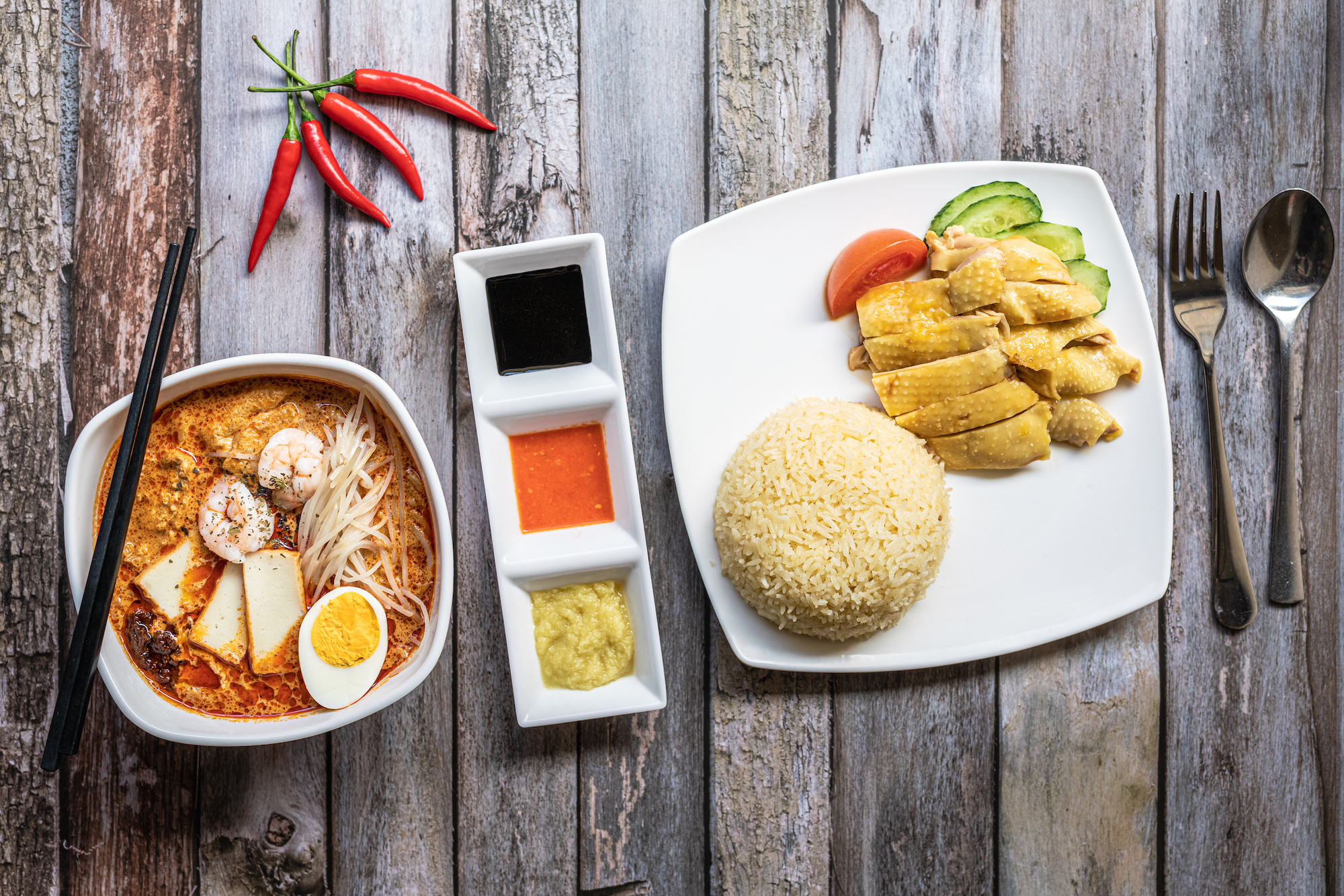 Laksa and Hainanese chicken rice