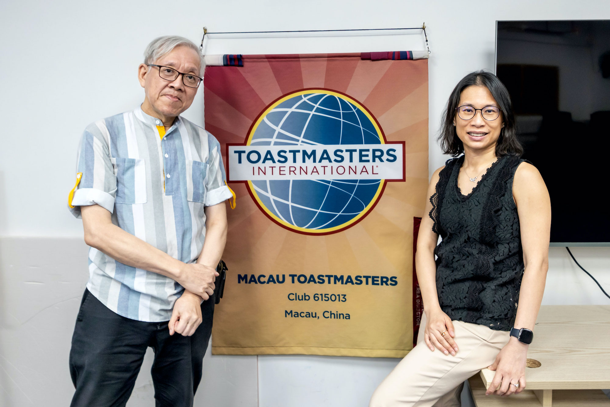 Local Toastmasters community founder Hebert Lee (left) and Macau Toastmasters Club’s current president Winnie Ho