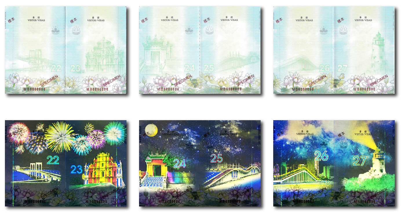 As an anti-counterfeiting measure, the illustrations in the 2019 Macao passport come to life with vibrant colours under UV light - Photo via Identification Services Bureau (DSI)
