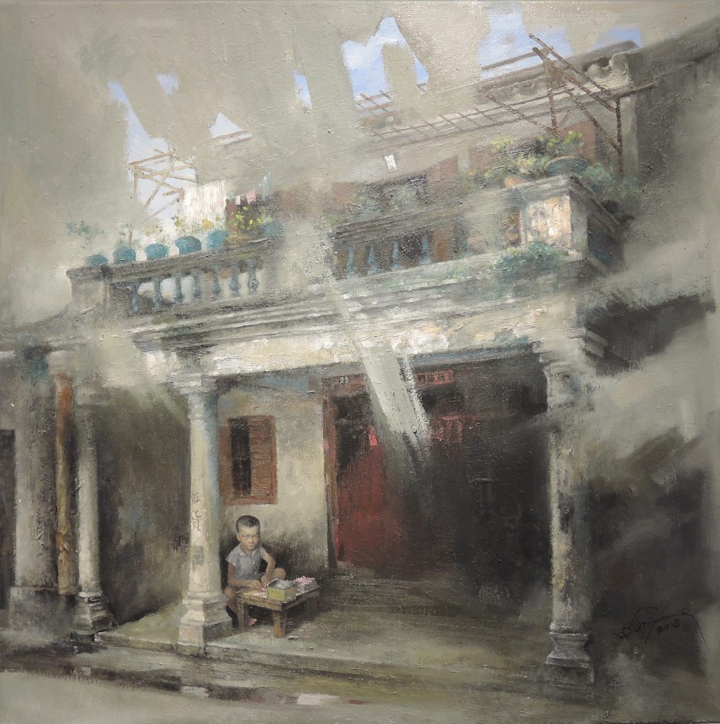 Lio’s painting depicts Lai as a child, braiding firecrackers in front of his house