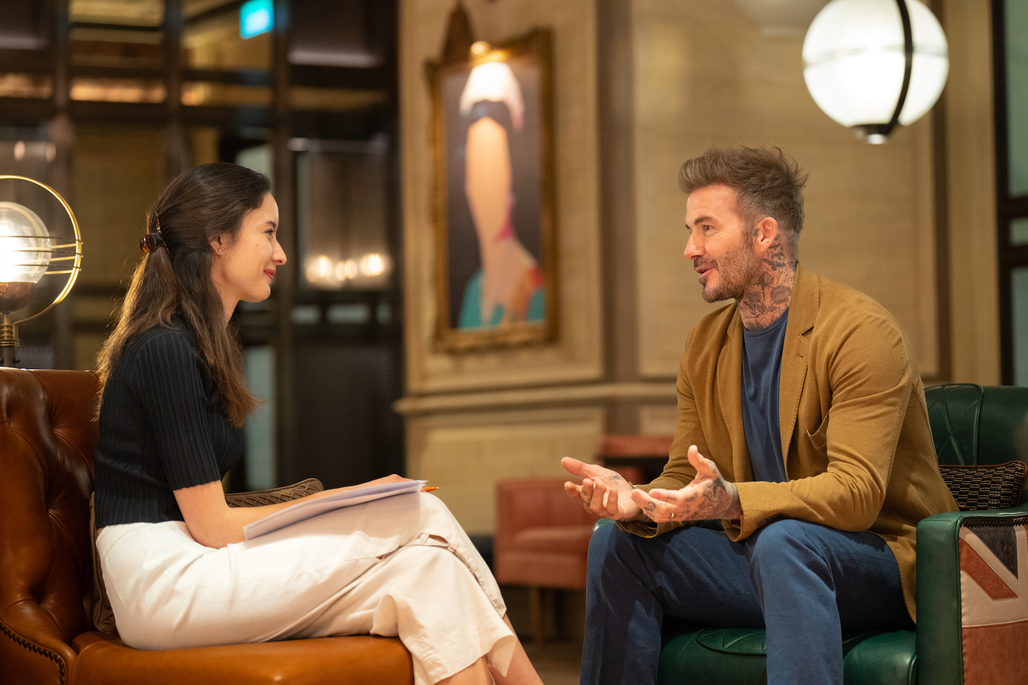 David Beckham sits down with Macao News Publisher Mariana César de Sá at The Londoner Macao