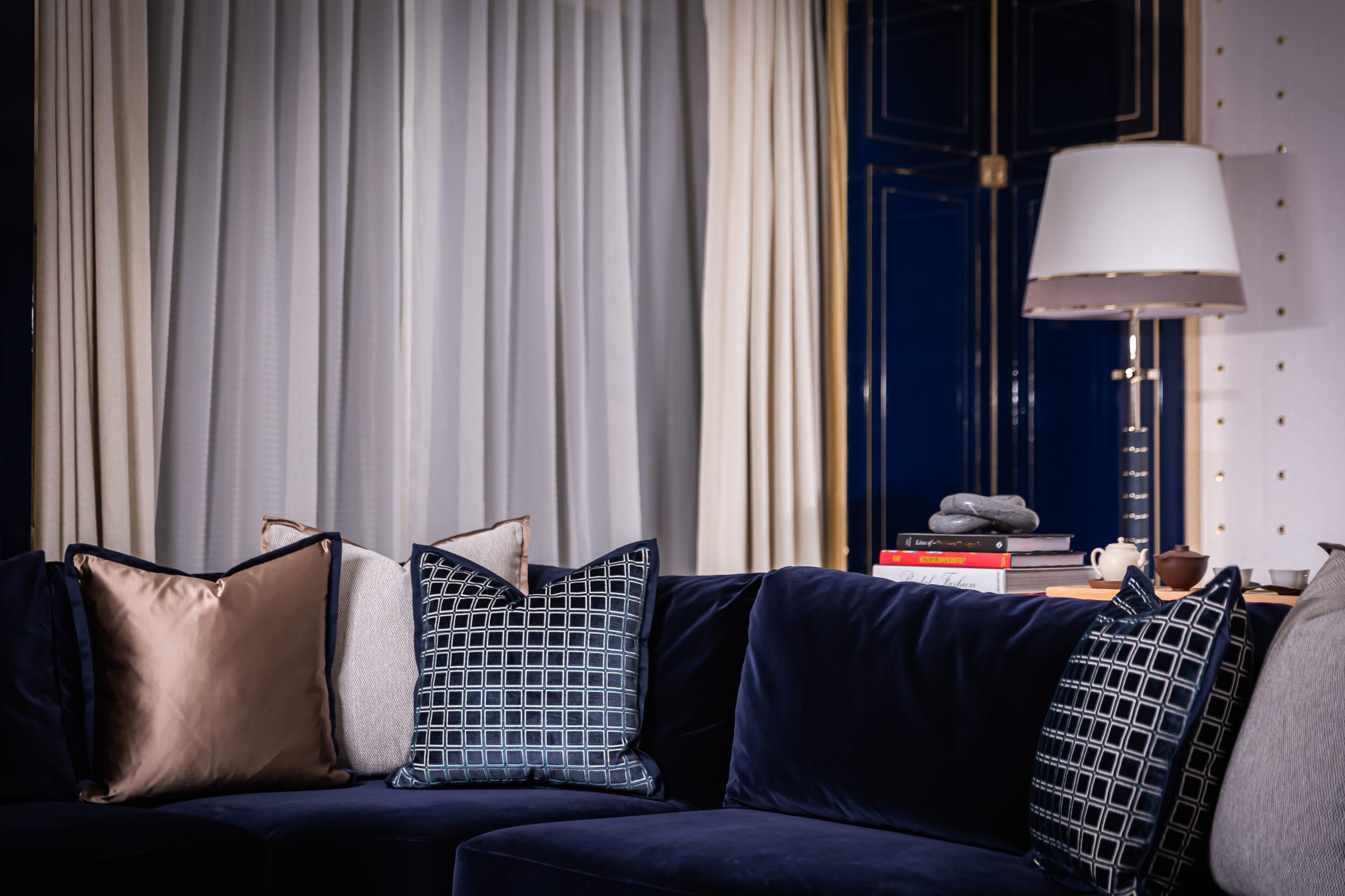 Suites by David Beckham royal blue sofa and pillows