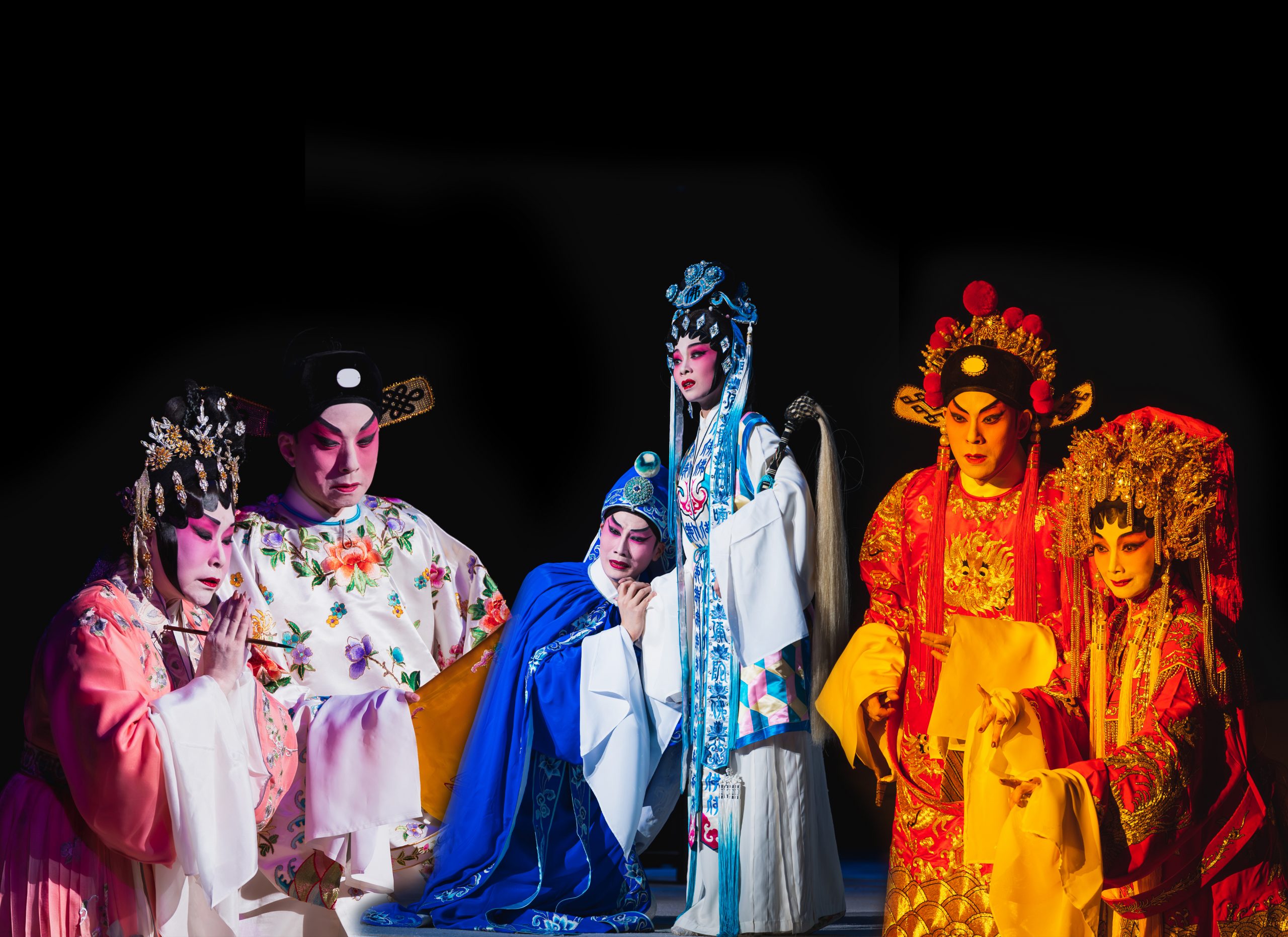 The lead roles in the Floral Princess are being played by both established names and rising stars in Cantonese opera including, from left to right Nan Fung, Lee Lung, Wang Zhiliang, Lin Yingshi, Liang Zhao-ming and Monica Bai
