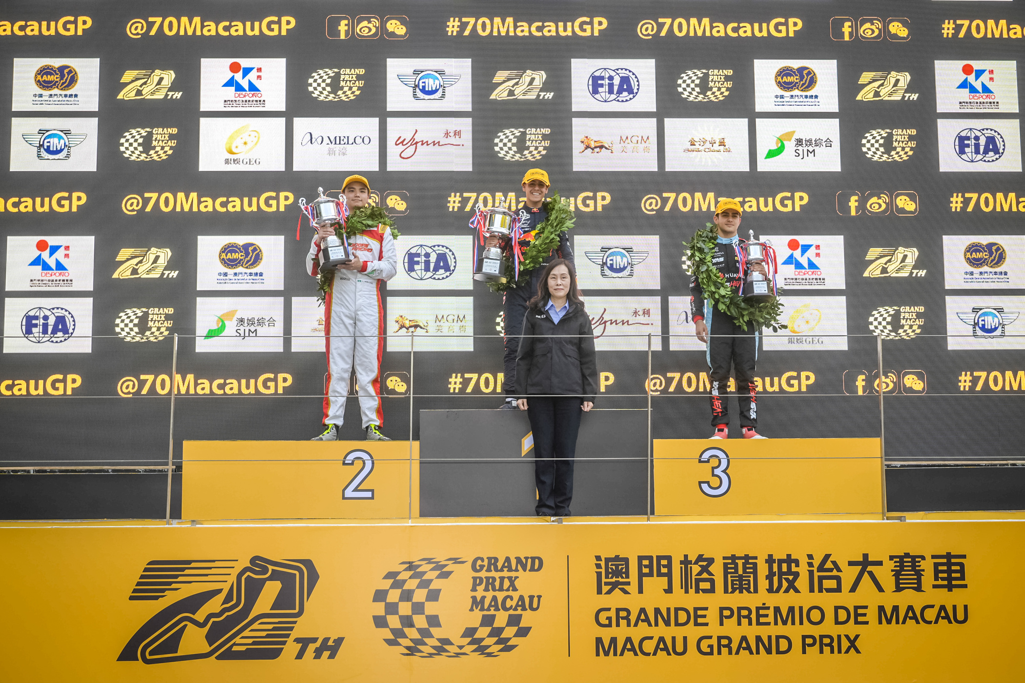 Macau Formula 4 podium finishers (left to right): Charles Leong, Arvid Lindblad and Rashid Al Dhaheri