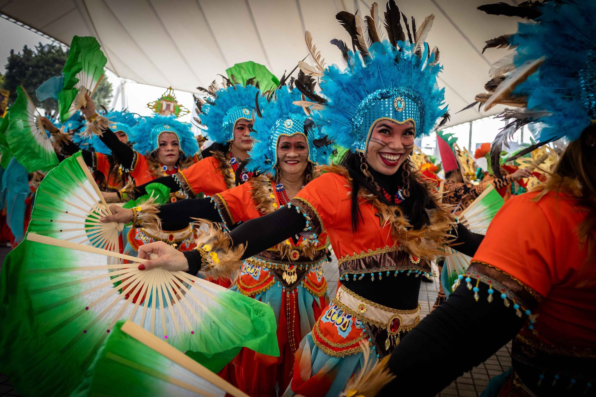 Members of the Orient Premier Tribe dance troupe, seen during the Sinulog festival in Macao on 21 January 2024