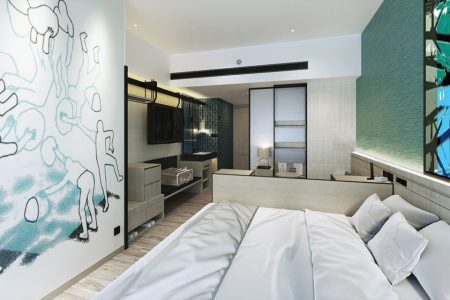 A habitat king room at the Artyzen Habitat Hengqin Zhuhai hotel, scheduled to open in March 2024