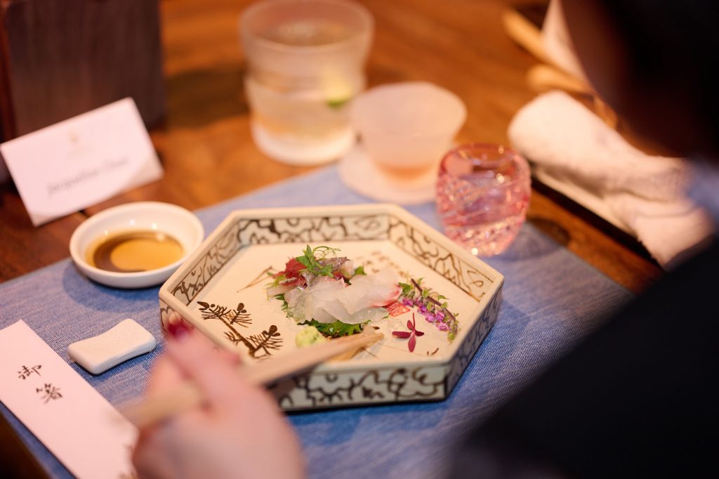 Diners enjoyed carefully sliced Akashi sea bream for the sashimi course