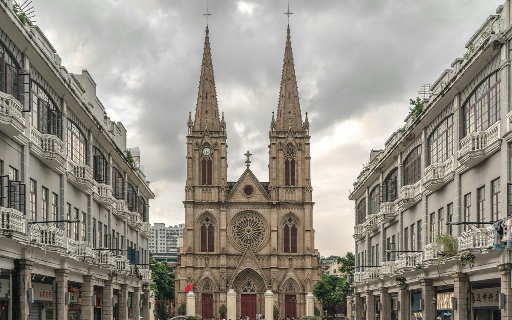 The Gothic-style spires of Guangzhou Sacred Heart Cathedral, seen on 23 January 2021