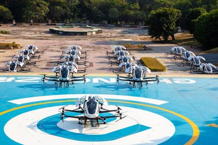 This undated handout image from Ehang shows EH216-S passenger drones at a vertiport in an undisclosed location