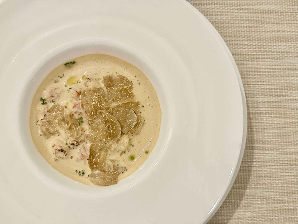 A dish of summer truffle, lobster and egg, part of La Santé’s four-course menu in May