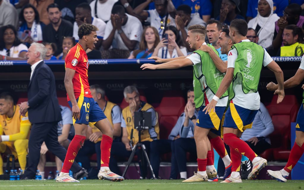 Lamine Yamal celebrating his semi final goal against France with his teammates on 9 July 2024