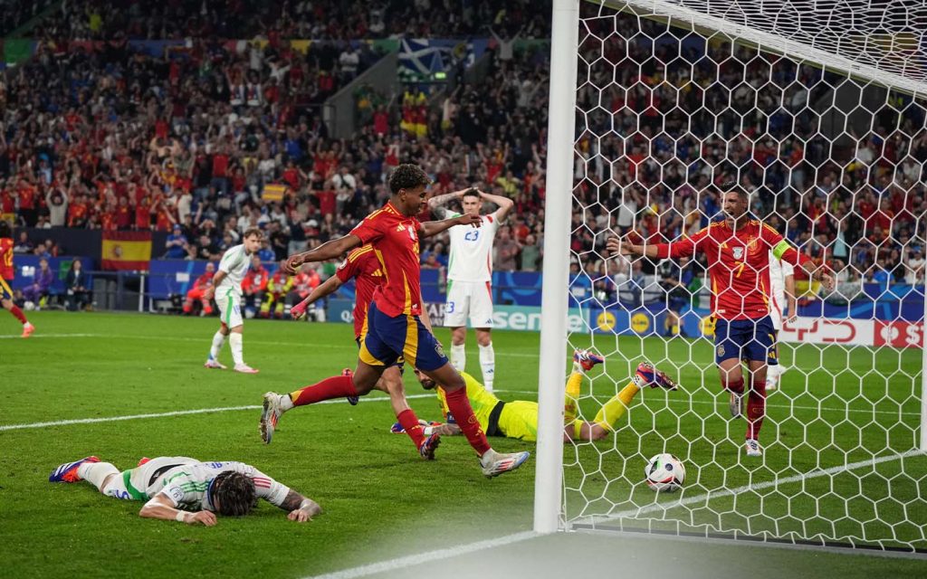 Lamine Yamal celebrating an own goal by Italy during the group stages of the UEFA Euro 2024 on 20 June 2024