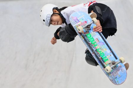 Zheng Haohao competes during the women's park preliminaries of skateboarding at the Olympic Qualifier Series Shanghai on 16 May 2024