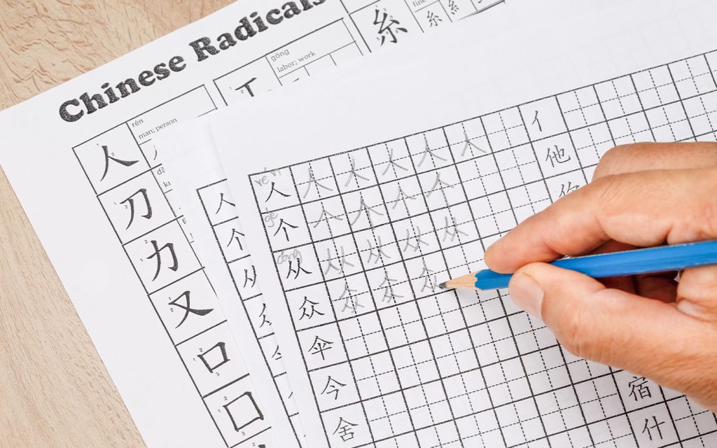 A student practises the writing of ‘radicals,’ or the building blocks of Chinese characters