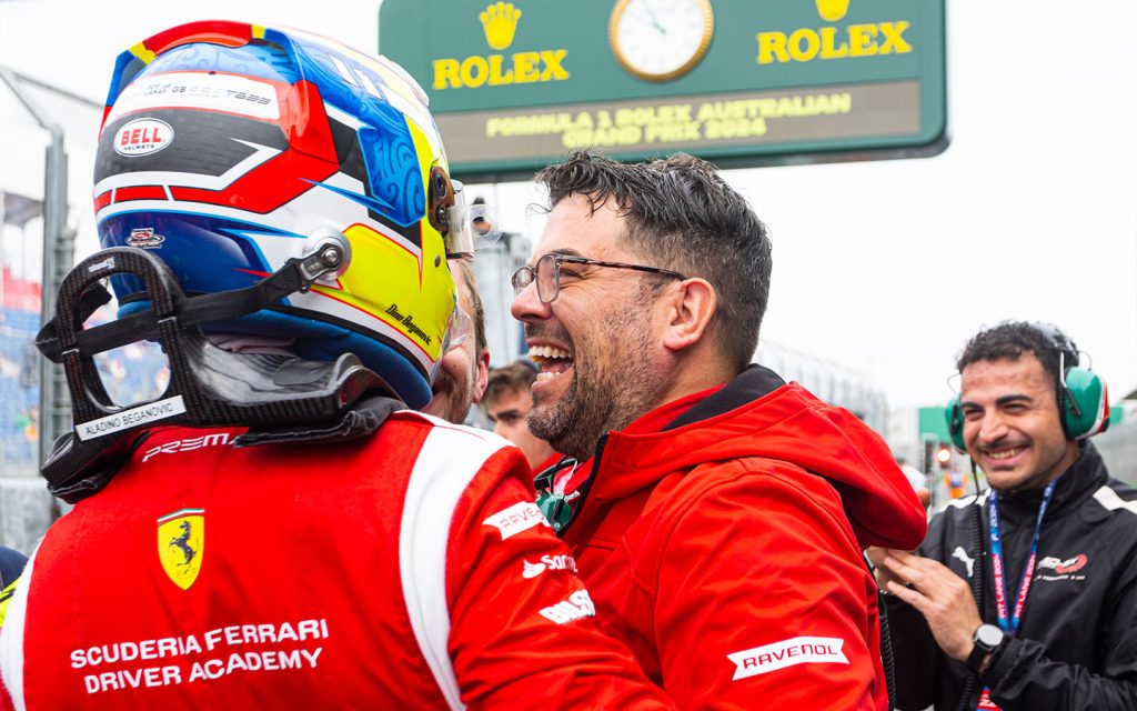 Rosin celebrating with his driver Dino Beganovic after a victory at the 2024 Formula 3 Australian Grand Prix