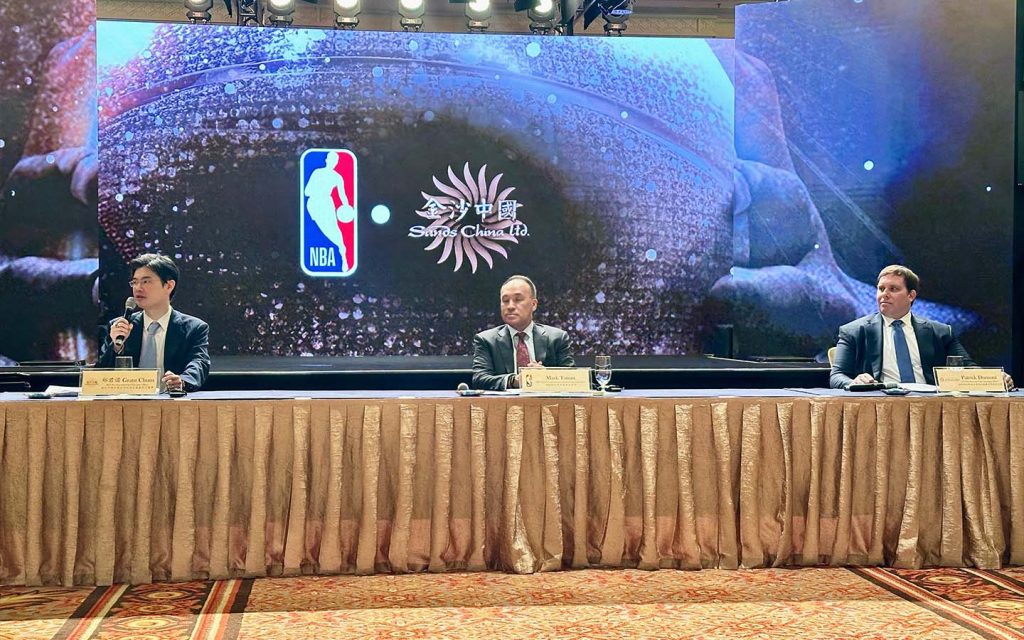 (Left to right) Grant Chum, CEO and President of Sands China, Mark Tatum, NBA Deputy Commissioner and Chief Operating Officer, and Patrick Dumont, President and Chief Operating Officer of Las Vegas Sands Corp