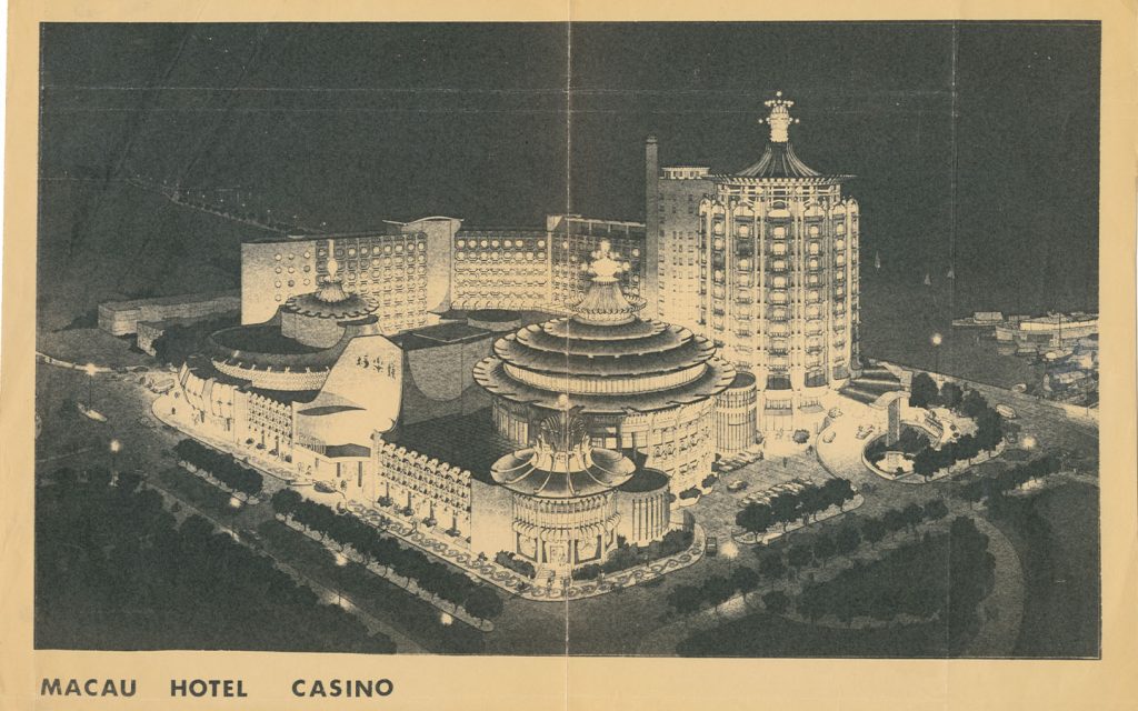 Night view of the Hotel Lisboa as depicted in a mid-1960s rendering by Lawrence Wright