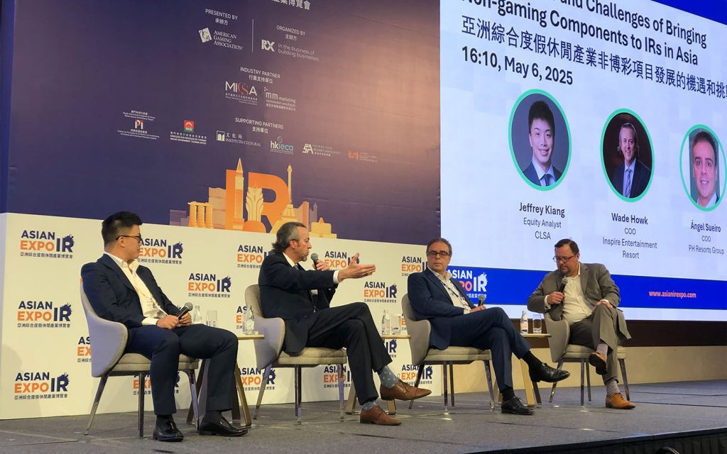 The panel from left to right is Jeffrey Kiang, Equity Analyst, CLSA; Wade Howk, COO, Inspire Entertainment Resort; Ángel Sueiro, COO, PH Resorts Group; and Brian Wyman, Executive Vice President, The Innovation Group