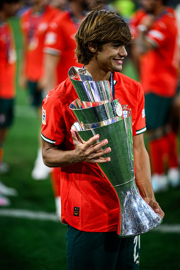 Rodrigo Mora pictured after Portugal won the UEFA Nations League 2025 trophy against Spain at Allianz Arena