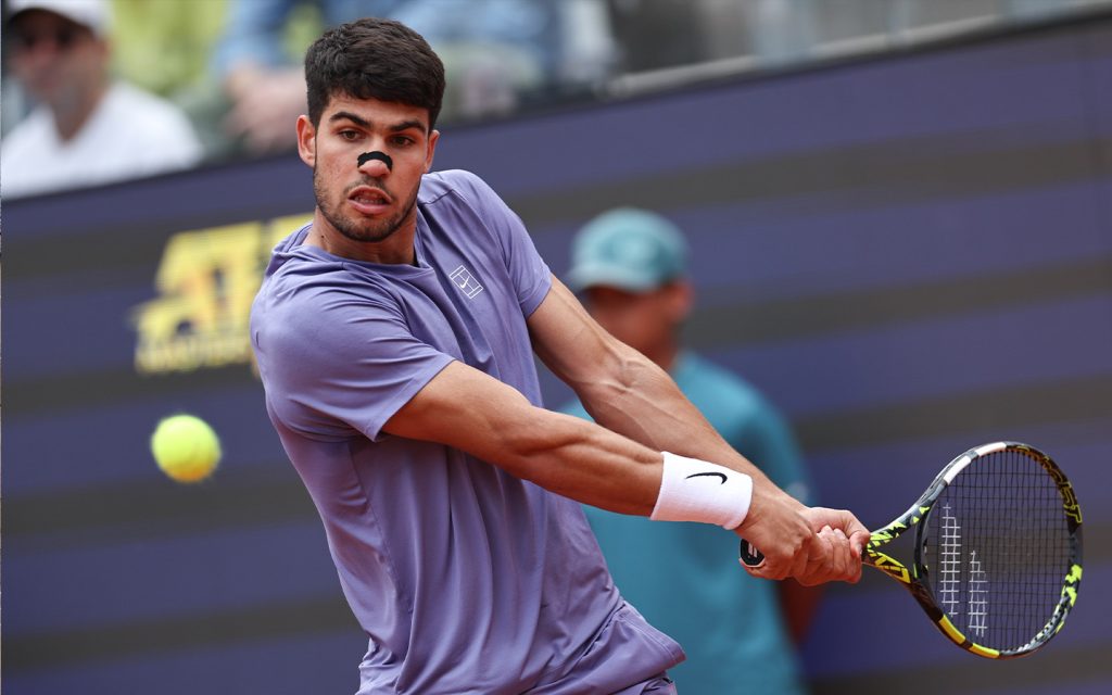 Carlos Alcaraz returns a shot during the men’s singles quarterfinal match against Jack Draper at the ATP Italian Open on 14 May 2025