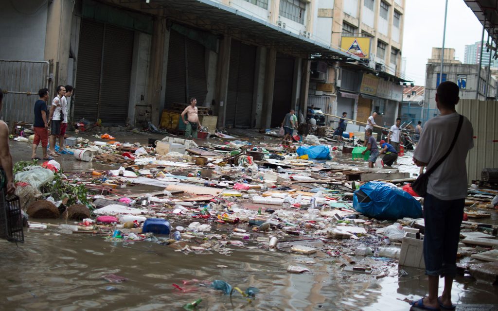 Flood damage in the wake of Typhoon Hato, August 2017. Low-lying areas of Macao are vulnerable to storm surges