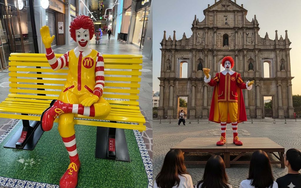 The AI photo on the right was created using the prompt “reimagine the person in this photo as a Shakespearean actor performing in front of the Ruins of St. Paul's. He is also holding an egg tart"