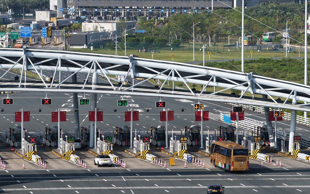 Vehicles preparing to pass the Zhuhai Port of the Hong Kong-Zhuhai-Macao Bridge