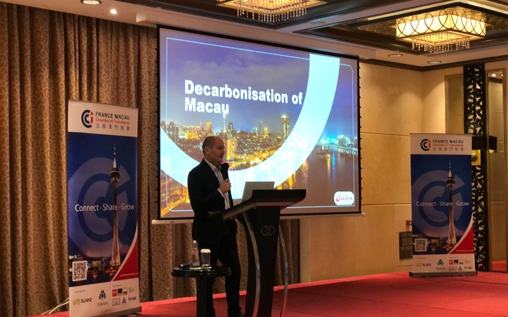 Laurent Pelletier, chief executive officer of Veolia, presenting at Tuesday’s France Macau Chamber of Commerce meeting