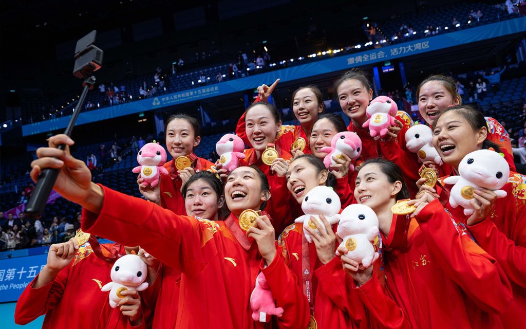 Gold medalists team Jiangsu pictured taking a selfie after the awarding ceremony yesterday for the women’s volleyball at China’s 15th National Games in Macao