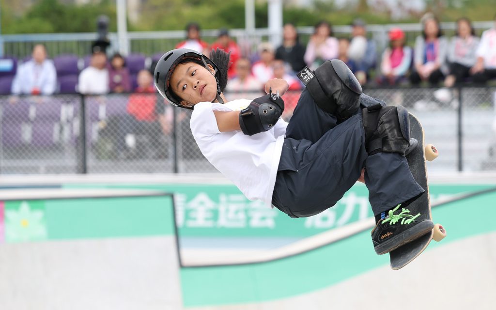 Guangdong’s Zou Mingke competes in the women’s park skateboarding final at the National Games in Huizhou, Guangdong Province