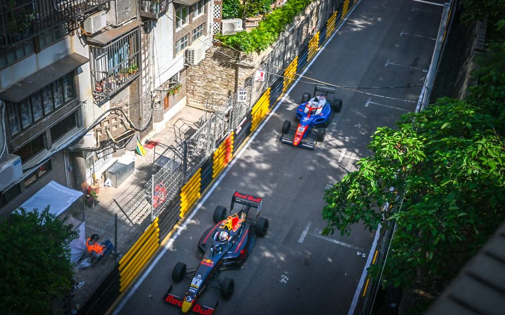 F4 drivers tackle the tight mountain section of the Guia Circuit during day two of the 72nd Macau Grand Prix