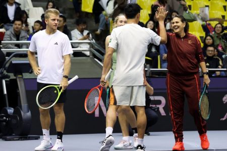 Conchita Martínez celebrates with players during the 2025 MGM Macau Tennis Masters at the Macao Forum Conchita Martínez celebrates with players during the 2025 MGM Macau Tennis Masters at the Macao Forum