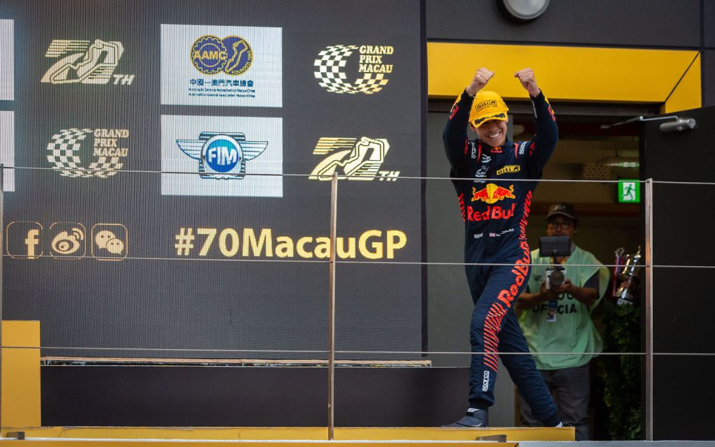 Arvid Lindblad pictured after winning the Macau Formula 4 race at the 70th Macau Grand Prix in 2023