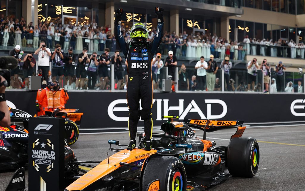 McLaren's British driver Lando Norris celebrates after the winning the Formula 1 championship at the Abu Dhabi Grand Prix on 7 December 2025