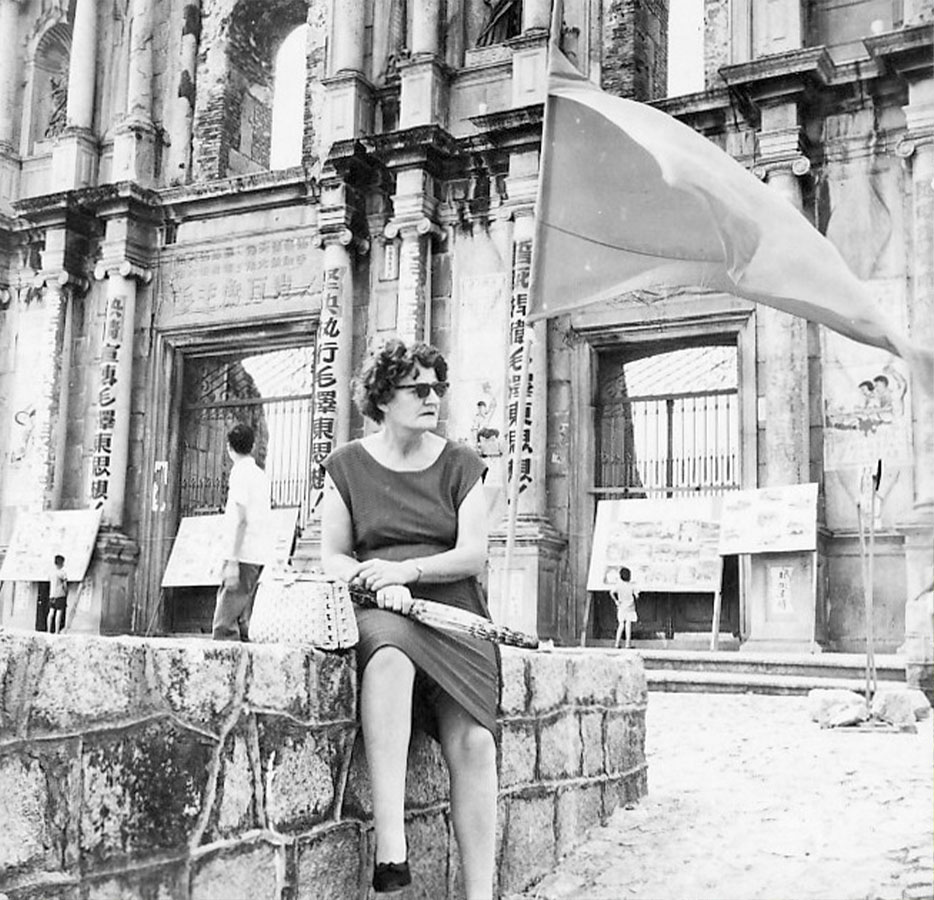 Jack Spackman’s wife, Doris Spackman, pictured in front of a vandalised Ruins of St. Paul’s in June 1967