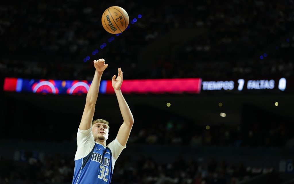 Dallas Mavericks guard Cooper Flagg shoots during a 2025–26 NBA regular-season game against the Detroit Pistons in Mexico City on 1 November 2025 - NBA China Games 2026