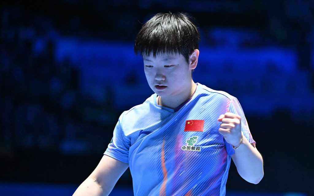 Sun Yingsha celebrates scoring during the women's singles final against Wang Manyu at the ITTF-ATTU Asian Cup Haikou on 8 February 2026